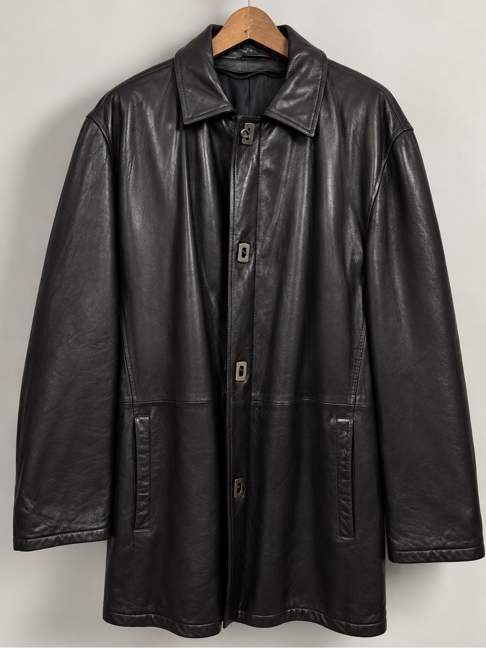 Salvatore Ferragamo Black Leather Pea Coat